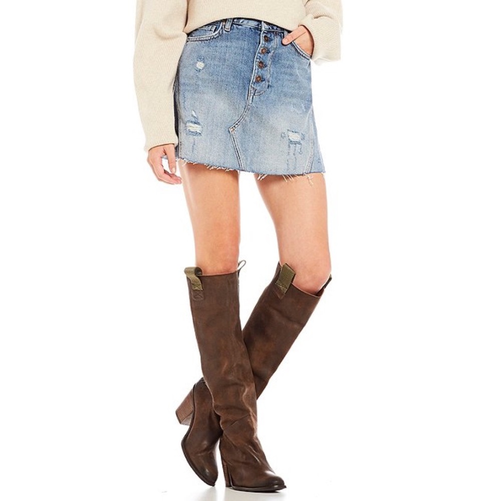 NEW Free People Western Distressed Button Light Blue Denim Mini Skirt 28 $60